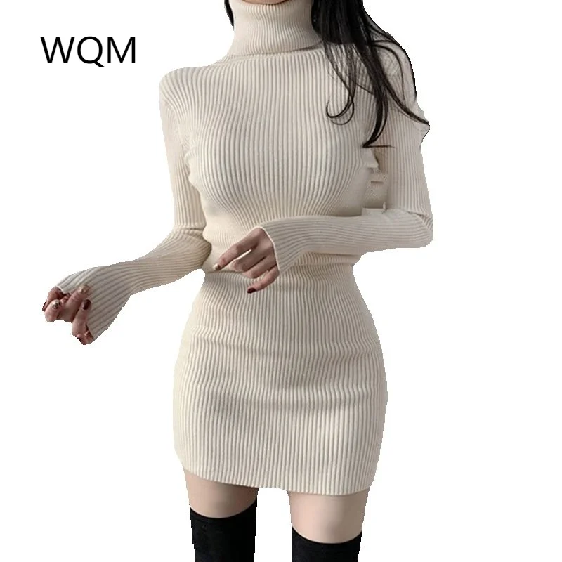 

Female Dress Turtleneck Short Extreme Mini Sexy Daring Crochet Women's Dresses Knit Clothing Korean Fashion Cotton