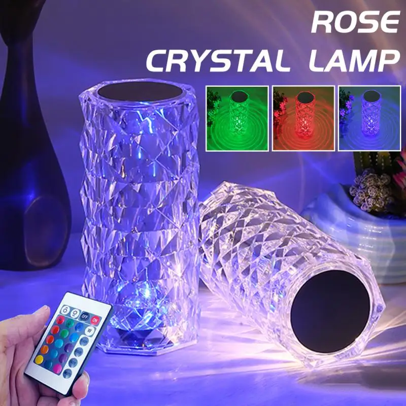 

16 Colors Crystal Table Lamp Rose Light Romantic Diamond Atmosphere Light USB Touch Night Light For Bedroom Desk Party Decor