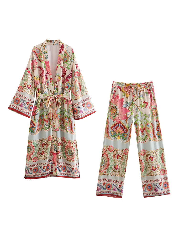 

Pyjama Style Bohemian Vintage Print Pants Sets Womens Outfits Long Belted Kimono And Straight Leg Trousers Two Piece Set Women