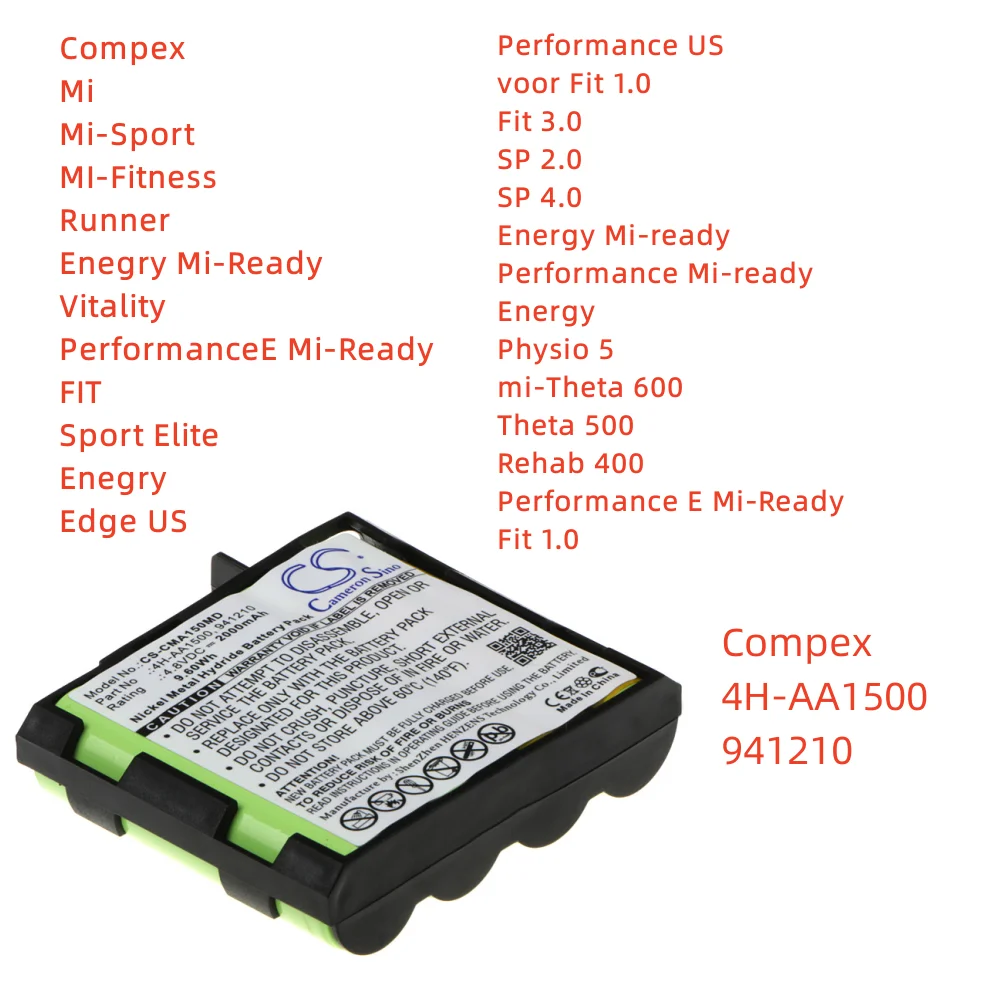 

Medical Battery For Compex 4H-AA1500 941210 Mi Mi-Sport MI-Fitness Runner Enegry Mi-Ready Vitality PerformanceE 2000mAh