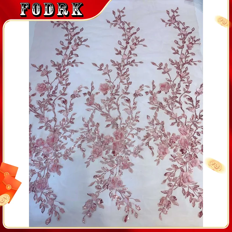 

Pink 3D Flowers African Lace Fabric Sequins French Lace Fabric Dubai Appliques Tulle Lace Bridal Wedding/Party 5 yards