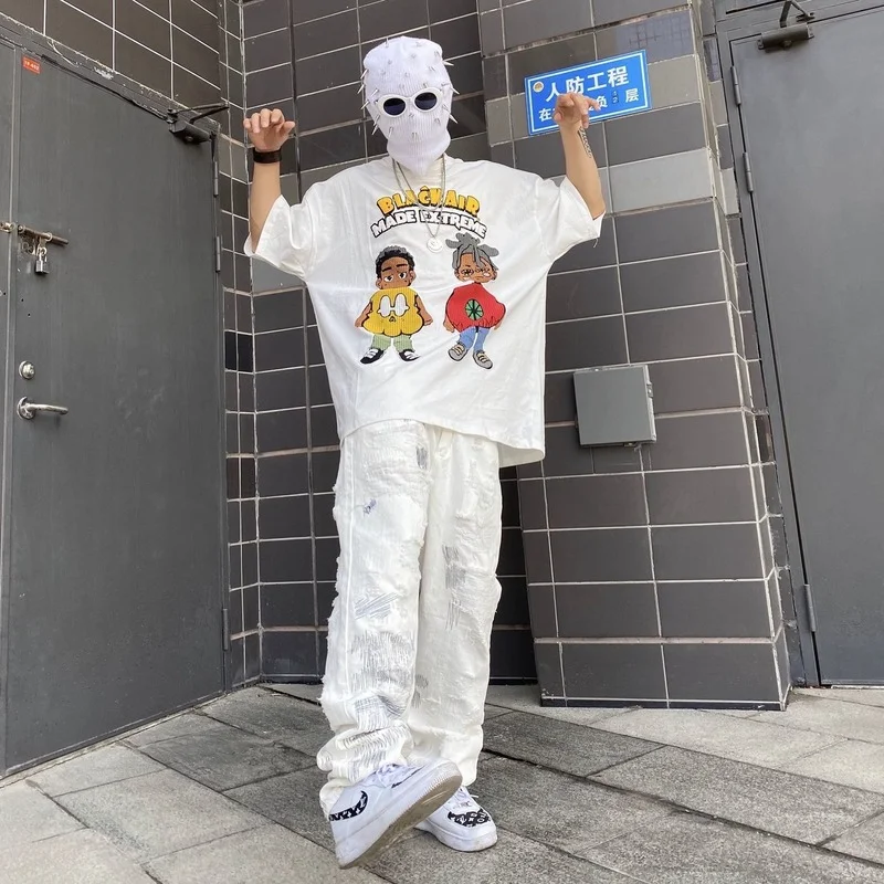 Vandalism Knife Cut Hole Jeans Mens High Street Ripped Jeans Men and Women Fashion Loose Straight Hip Hop Motorcycle Trousers