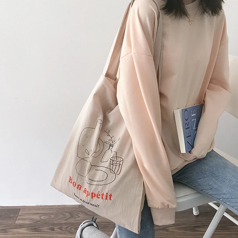 

Cotton Linen Women Canvas Shoulder Bags Eco Friendly Shopping Bag Large Capacity Vintage Handbag Tote Enjoy Meal Embroidery