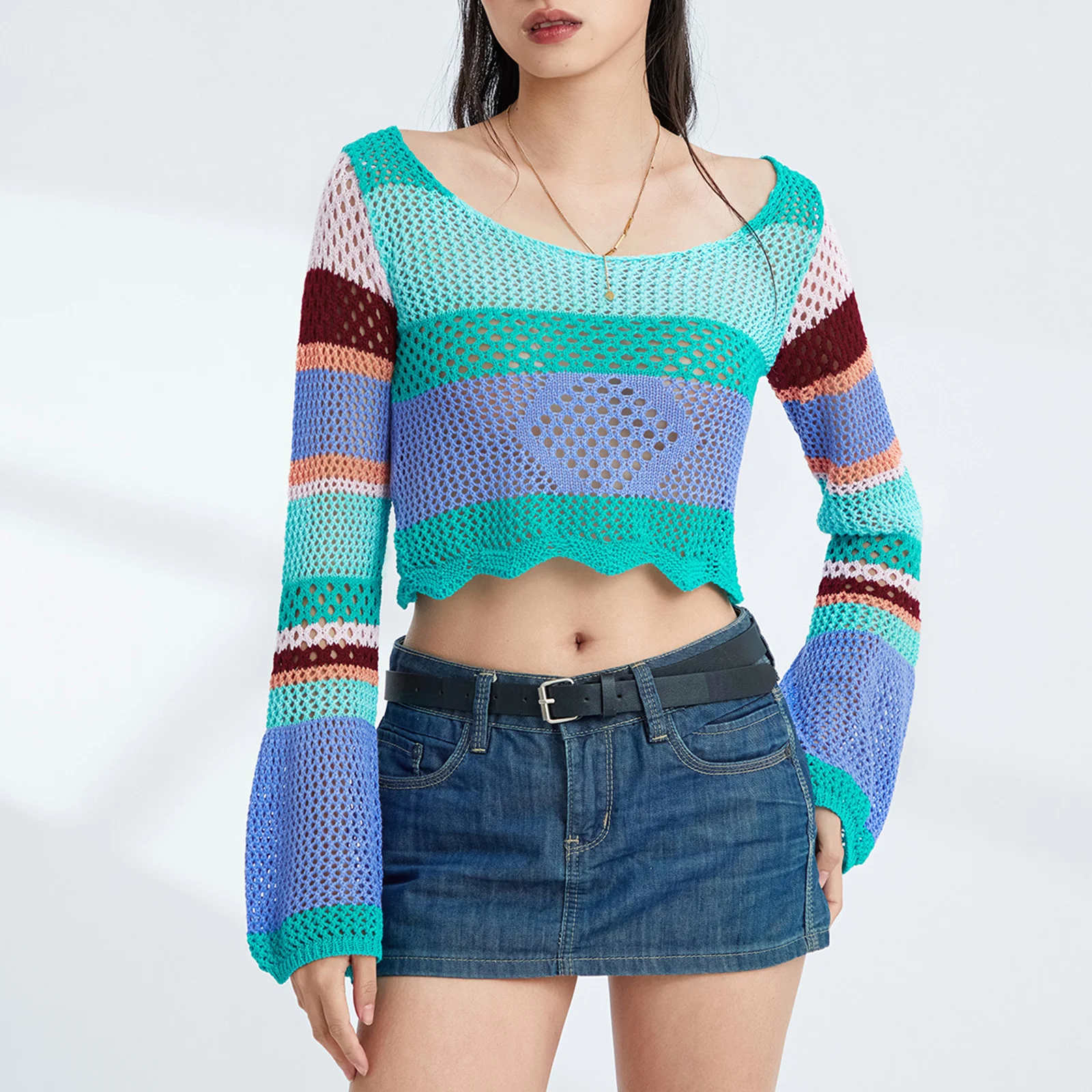 

Y2k Clothes Women Contrast Color Striped Hollowed Jumpers Long Sleeve Round Neck Knitted Crop Tops Streetwear Knitwear Pullovers