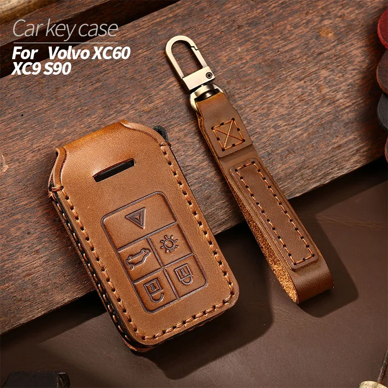 

Car Key Box Cover Shell Buckle Suitable For Volvo XC60 XC9 S90 Fashionable Retro Styleunique Style Cowhide Bag Case Keyring