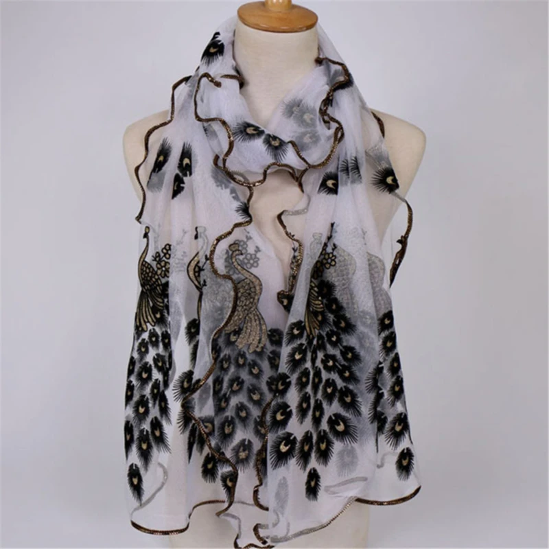 New Design Women Chiffon Peacock Feather Flower Embroidered Lace Stylish Scarf Long Soft Wrap Shawl Ladies |