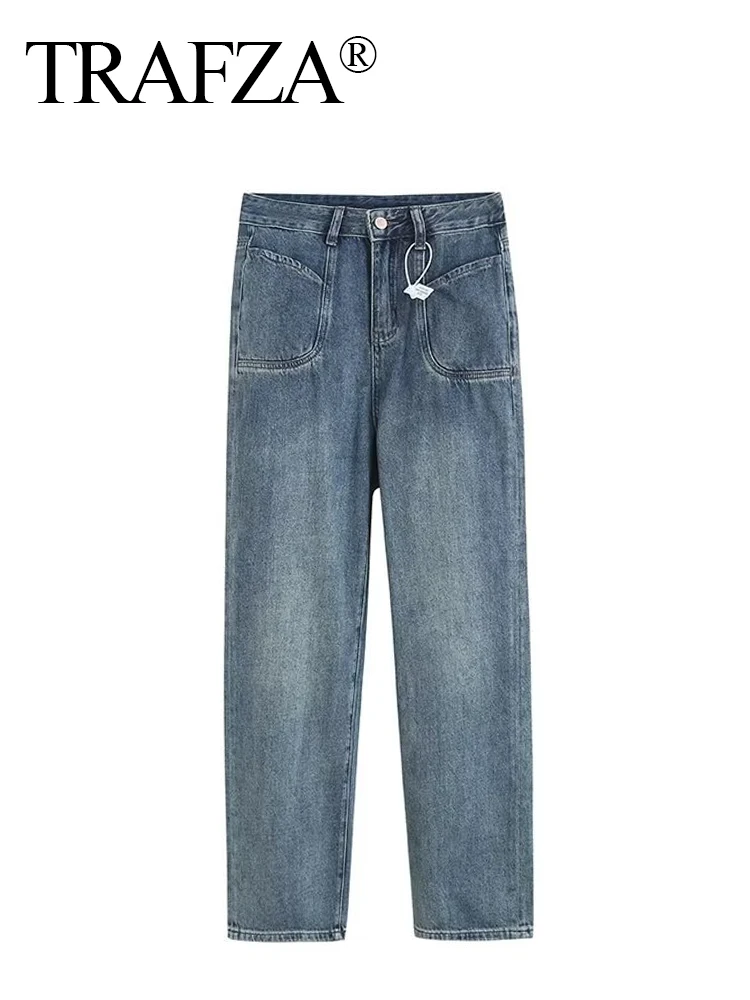 

TRAFZA 2023 Woman's Autumn Long Jeans Denim Blue Big Pockets Decorate Zipper Femlae Streetwear Style Wide Leg Pants Trendy