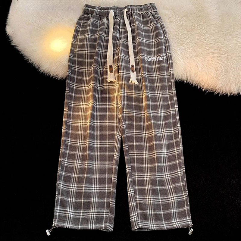 Новые повседневные клетчатые широкие брюки со шнуровкой корейская мода