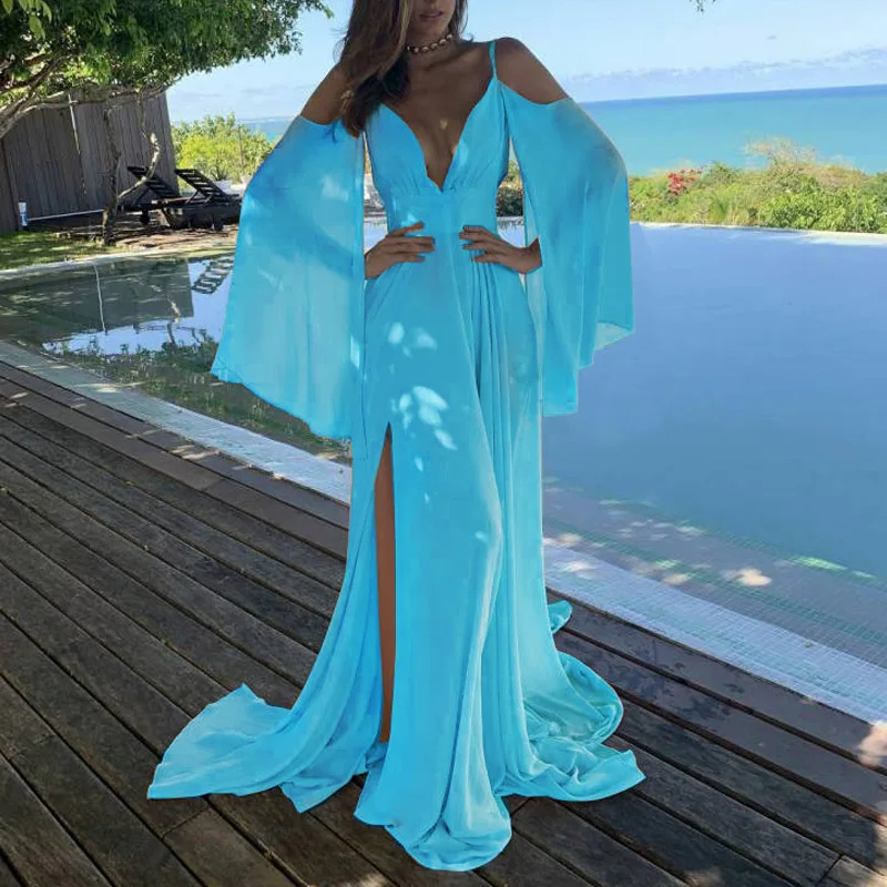 

2021 Blue High Waist Off Shoulder Fashion Bridesmaid Dress Women Sister Group Wedding Party Vestido Sexy V Neck Strap Slit Robe