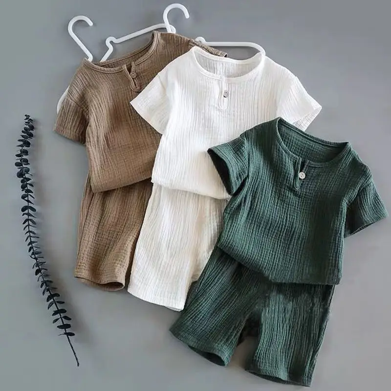 Kids Clothes Sets Outfits Linen Cotton Infant Baby Boys Girls Clothing Newborn Top T-Shirt+Shorts 2pcs Muslin Suit for Children