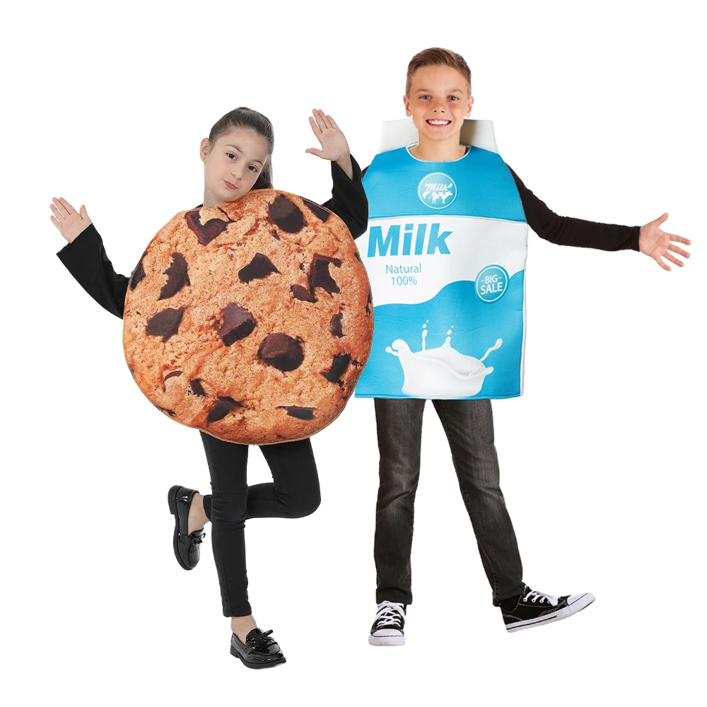 Kinder Lustige Milch & Cookie Cosplay Kostüm Jungen Mädchen Halloween Lebensmittel Gruppe Outfits Karneval Ostern Purim Phantasie Kleid