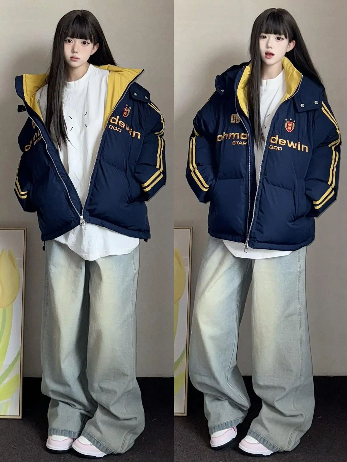 Темно-синяя полосатая одежда с капюшоном на хлопковой подкладке женская зимняя