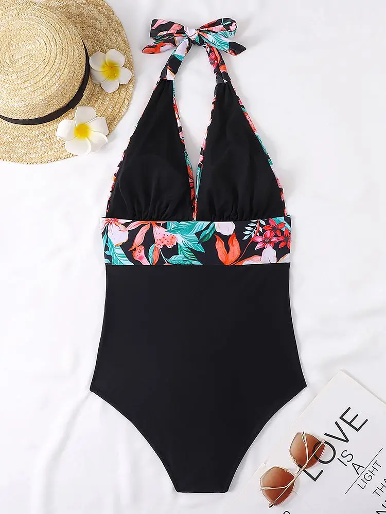 Floral Deep V-neck Halter One-Piece Swimsuit Sexy Backless Lace Up Women Monokini 2022 Beach Bathing Suits Swimwear Patchwork