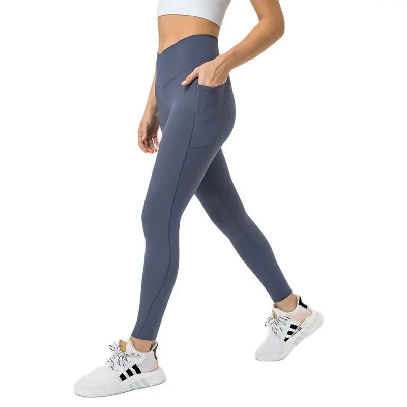 MYS Yoga Pants with 2 Side Pocket High Waist Cross Sports Leggings GYM Elastic Naked Feel NO Front Seam Workout Fitness Tights