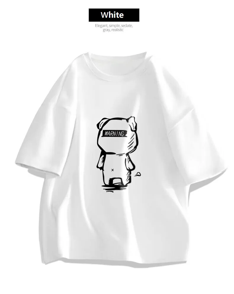 

2023 Summer Men O-neck Short Sleeved Tops Unisex Style Cotton T-shirt New Anime Alone Bear Versatile Ins Trendy Brand Print Tees