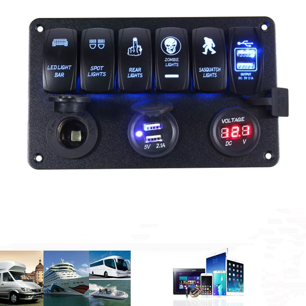 6 Gang Rocker Switch Panel LED Light Bar Switch Panel with Cigarette Lighter and Dual USB Charger and Voltmeter for Boats RVs