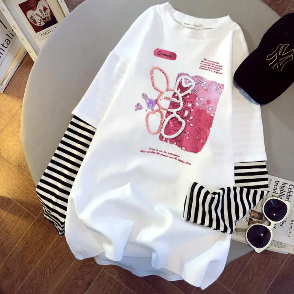 

2021 Spring Casual Patchwork Girl Sweatshirt Tee Loose T-Shirts Women Long Sleeve Oversize Streetwear Gothic Harajuku Kawai