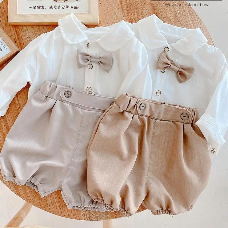

2pcs Baby Boy Clothes Summer Gentleman Fashion Suits Newborn Party Dress Soft Cotton Solid Tops + Shorts Infant Toddler Set