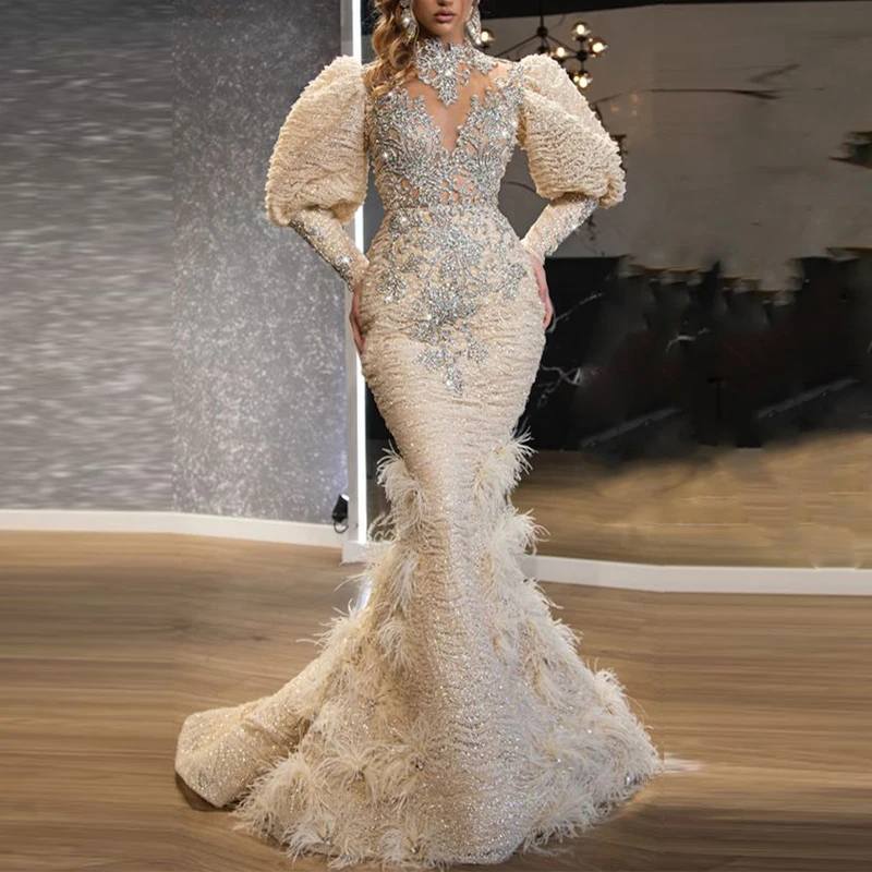 Женское вечернее платье с юбкой-годе кружевное длинным рукавом и высоким