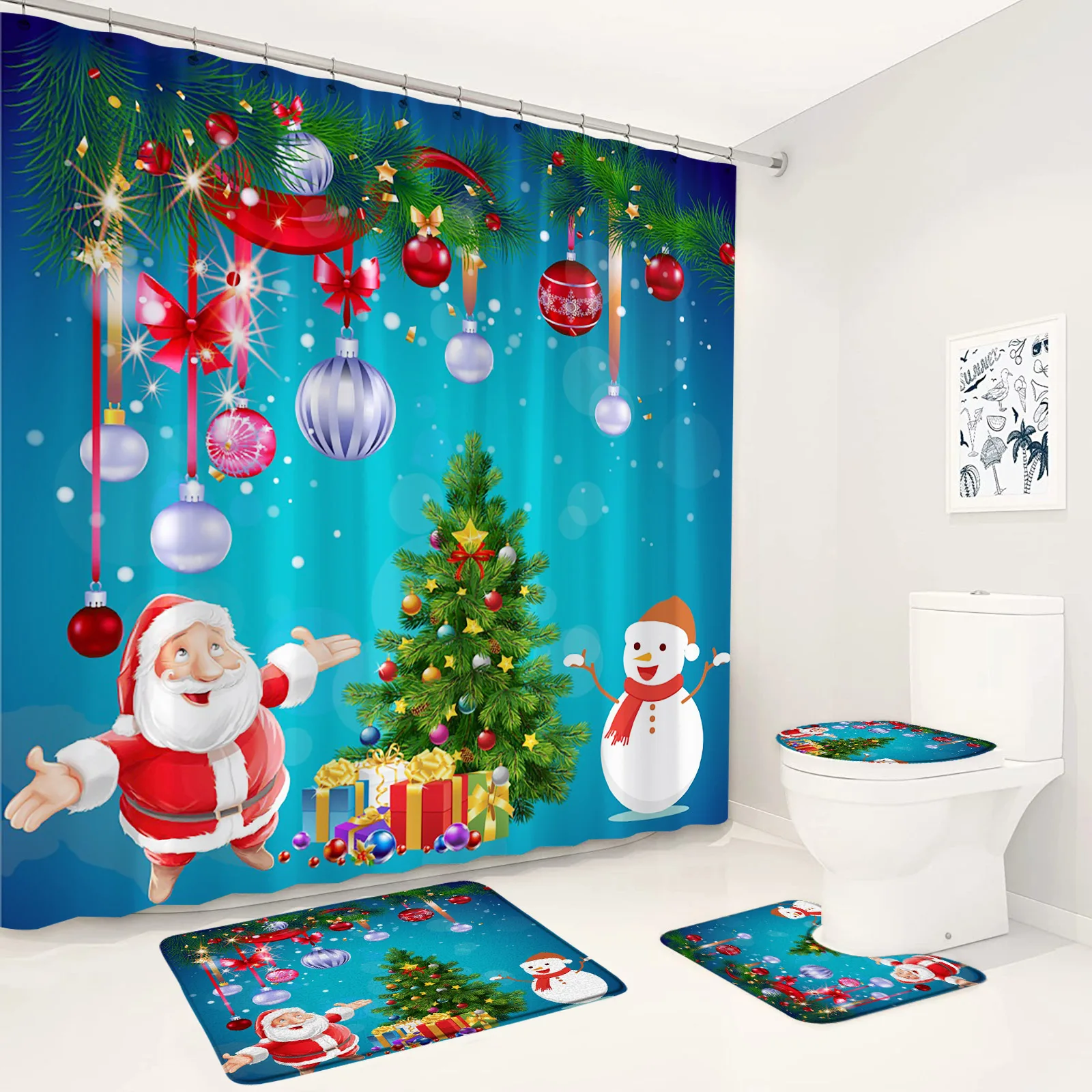 

Набор рождественских занавесок для душа, мультяшный Санта-Клаус, снеговик, Рождественская елка, искусственный декор для ванной комнаты, нескользящий коврик, коврики для ванной, крышка для туалета