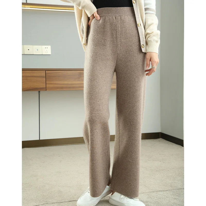 Women Pants 2021 New Autumn and Winter Soft Comfortable High-Waist 100%Cashmere Knitted Double Thickening Female Wide Leg Casual