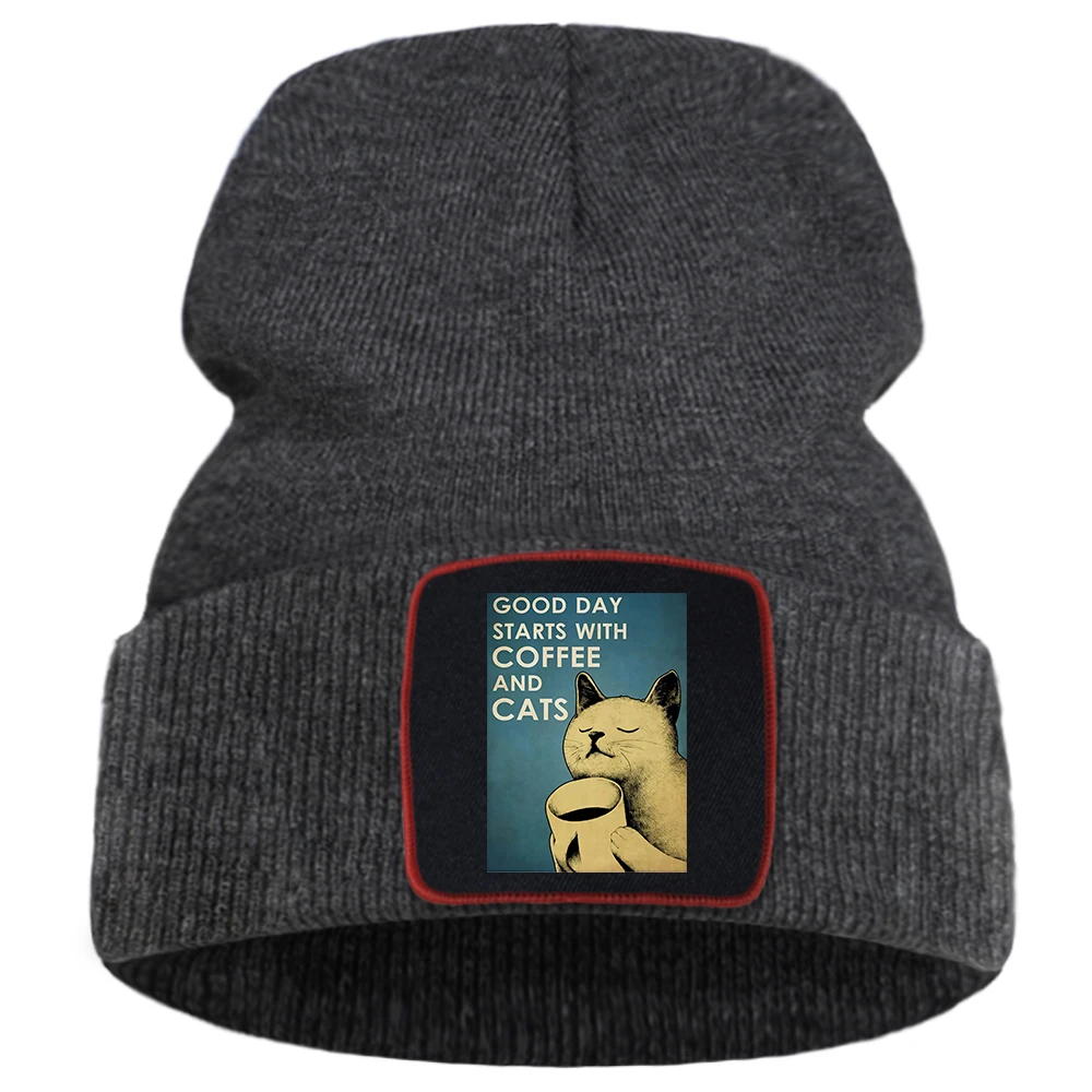 

Женская трикотажная Шапка-бини Good Day Start с принтом кофейных и кошек, удобные креативные шапки в стиле хип-хоп, стандартная Балаклава унисекс