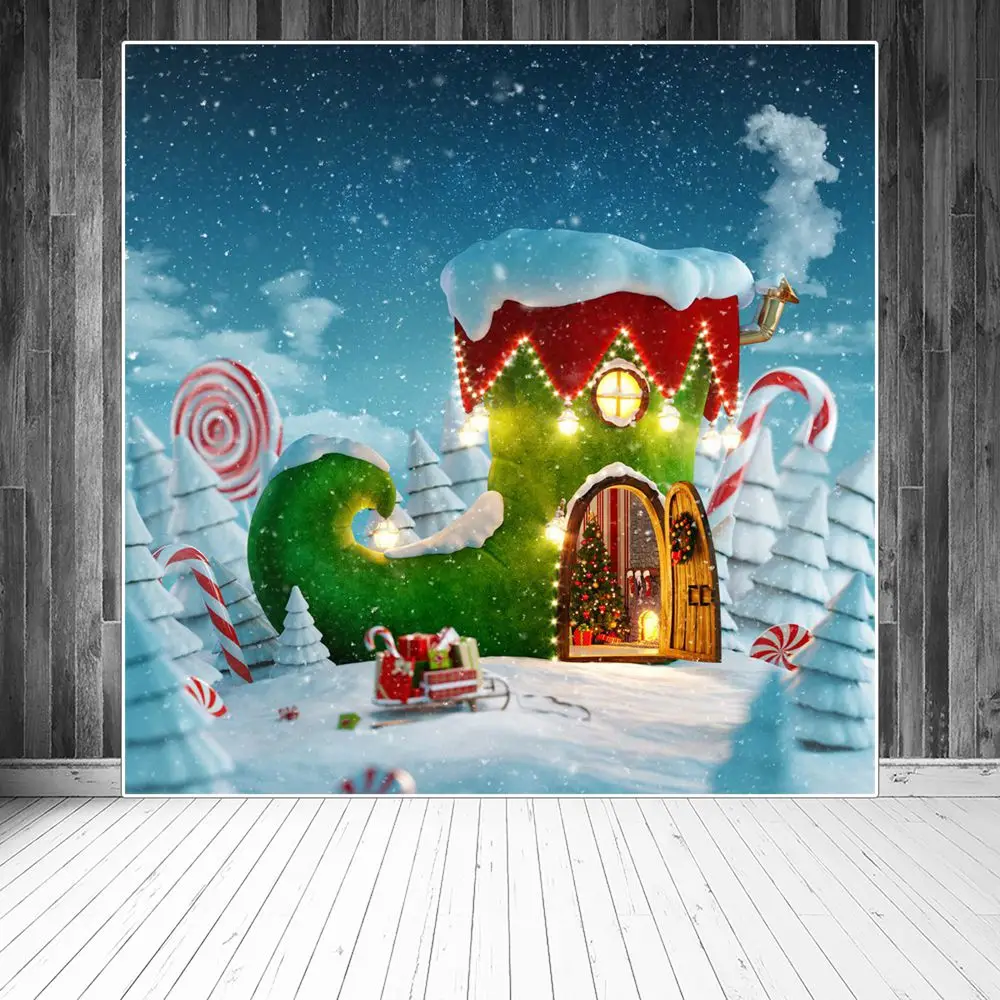 

Фон для детской фотосъемки Candyland с рождественской сапогой, освещение, изогнутый фон для фотосъемки с изображением снежного леса и леденцов