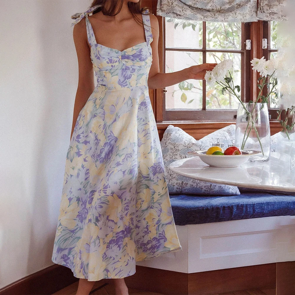 

Women Summer Print Sleeveless V Neck Boho Holiday Dress Evening Party Sexy Slim Maxi Dresses Beach Suspender Sundress Vestidos