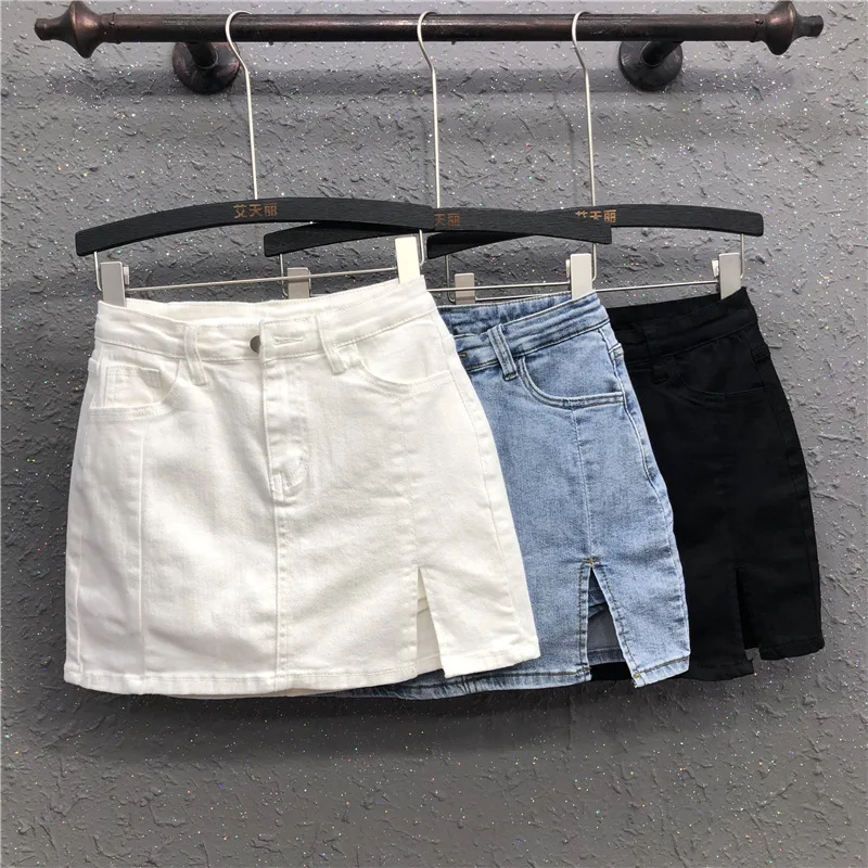 White package hip short skirt pants skirt women's spring and autumn new Korean fashion split high waist thin denim skirt