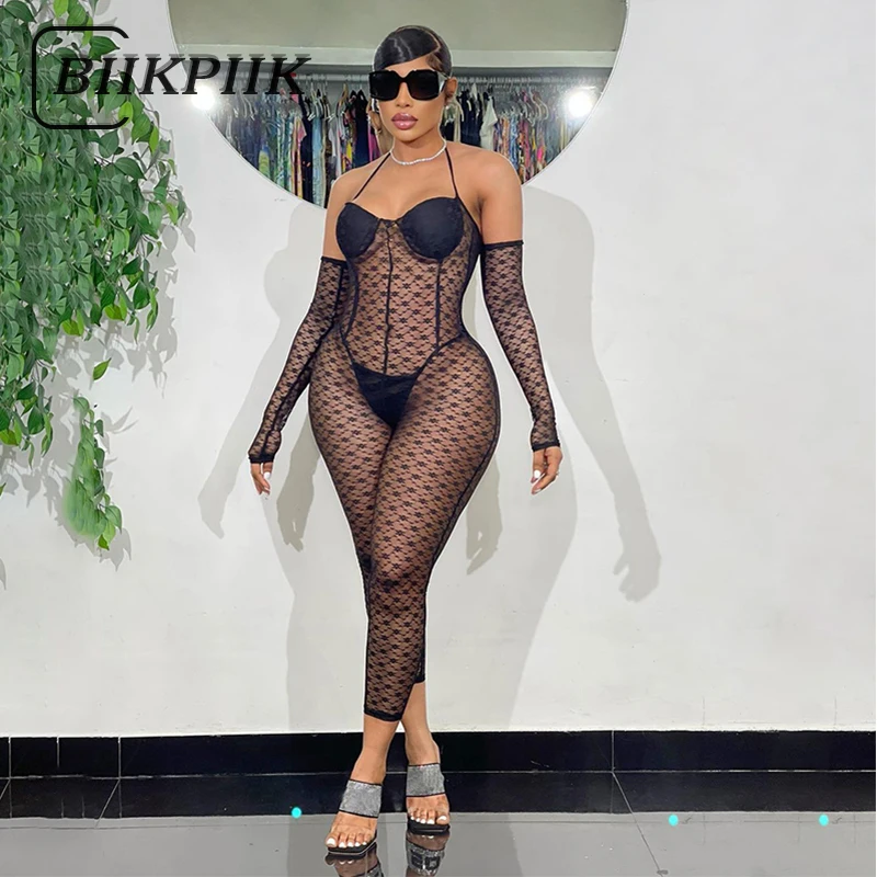 

Соблазнительный кружевной комбинезон BIIKPIIK, женский прозрачный комбинезон с завязками на рукавах, лямкой на шее и открытыми плечами, сексуа...