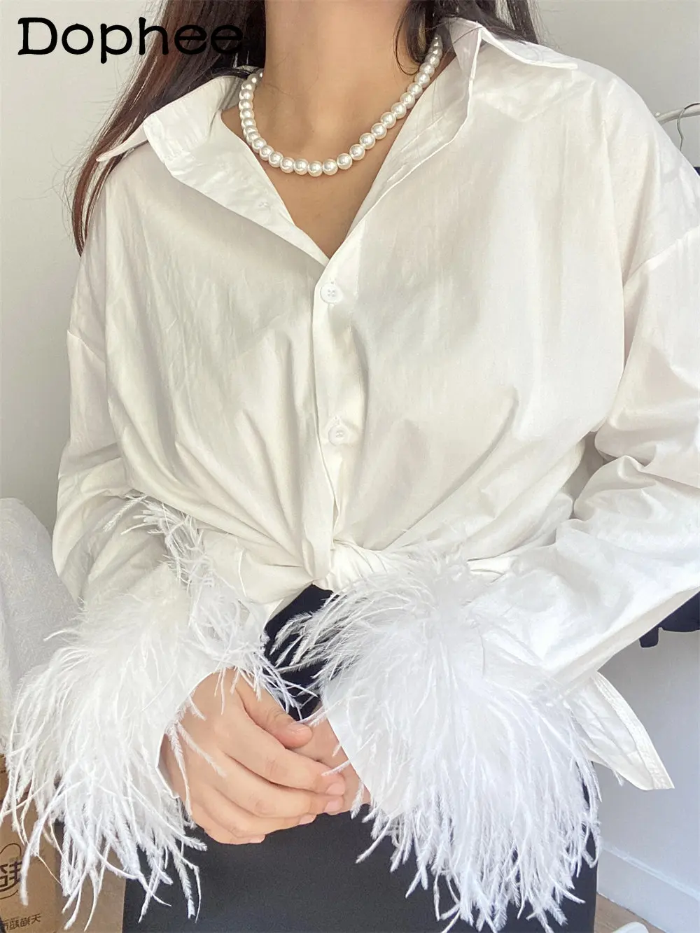 100% Cotton Shirt 2022 Autumn New Feather Stitching Long-Sleeve Blouse Top Loose Temperament Straight Casual Office Lady Blusas