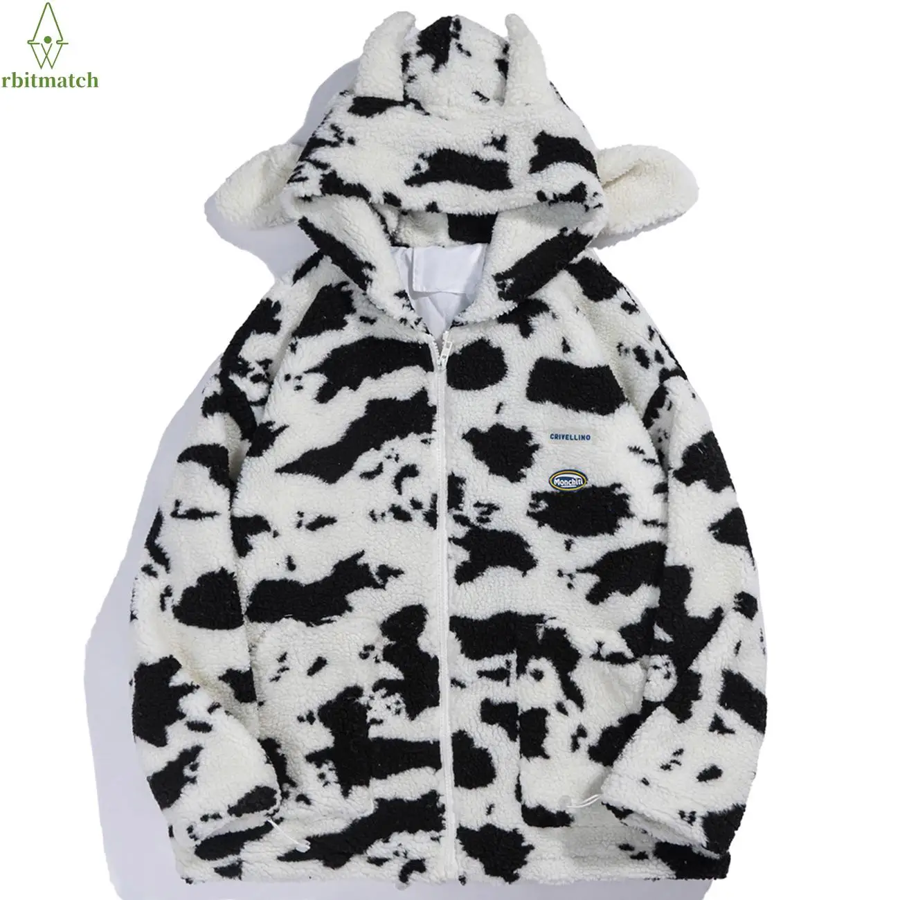 

Arbitma Winter Cow Pattern Zipper Hooded Jacket Men Women Casual Streetwear Padded Lambswool Coat Cotton Loose Thicken Outwear