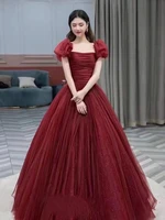 fancy burgundy evening dress short cap sleeves ball gown prom gowns shining sequins