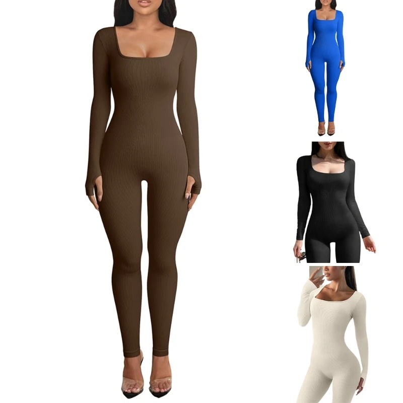 

Womens Ribbed One Piece Jumpsuits Thumbhole Long Sleeve Square Neck Full Length Workout Rompers Bodycon Solid Playsuit