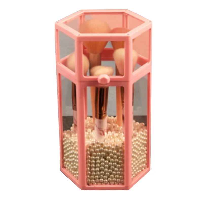 

Glass Organizer for Makeup Brush Hexagon Transparent Beauty Cosmetic Holder with Lid Eyeliner Display Storage for Desktop Vanity