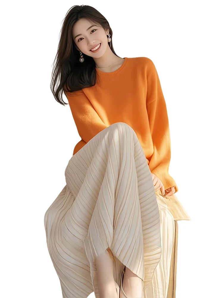 Оранжевый свободный вязаный мягкий клейкий свитер для женщин 2024 осень и зима