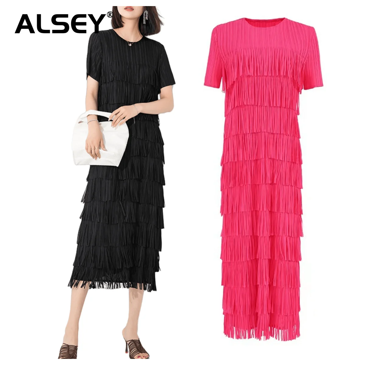 

Женское плиссированное платье ALSEY Miyake, свободное многослойное платье с короткими рукавами, круглым вырезом и бахромой, лето 2023