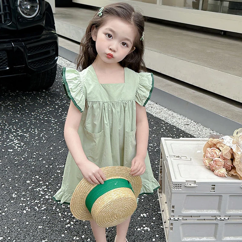 

Платье для маленьких девочек, летняя Новинка, детская одежда, однотонное хлопковое платье принцессы с маленькими летающими рукавами