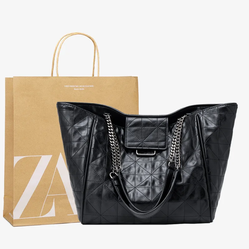 

ZA Women Bag Fashion Designer Handbag PU Leather Large Capacity Shoulder Bag Solid Color Chains Black Female Shopper Tote Bag