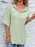 women cotton blouses celmia leisure solid color tops vintage 2022 summer 34 sleeve v neck tunic casual loose breathable blusas