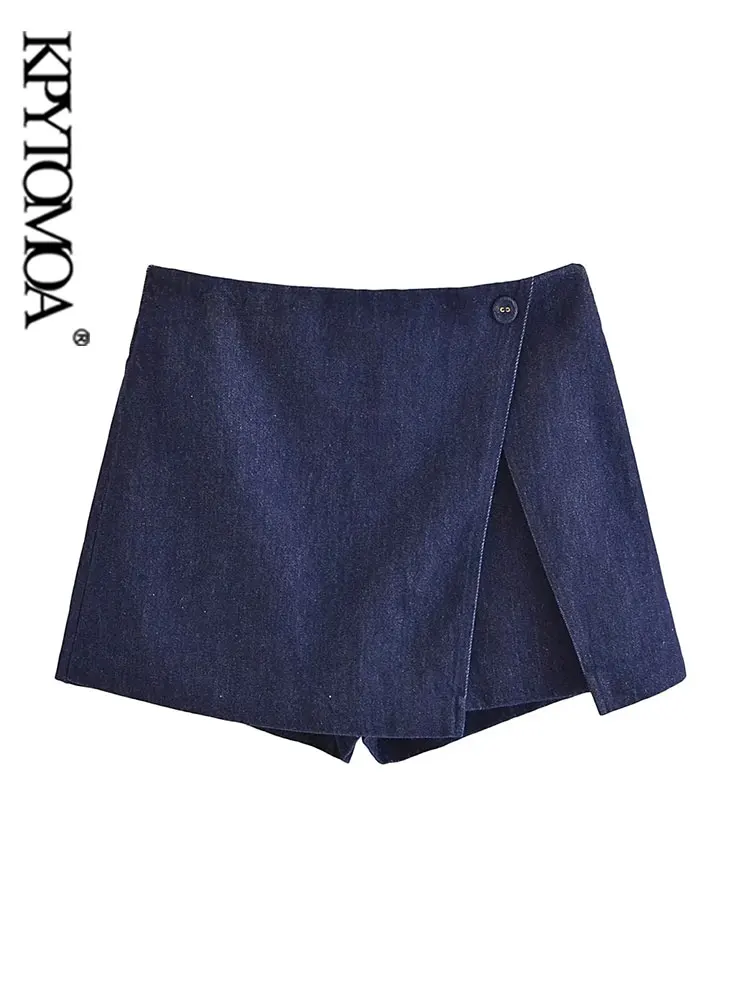 

KPYTOMOA Women Fashion With Button Denim Wrap Shorts Skirts Vintage High Waist Side Zipper Female Skort Mujer