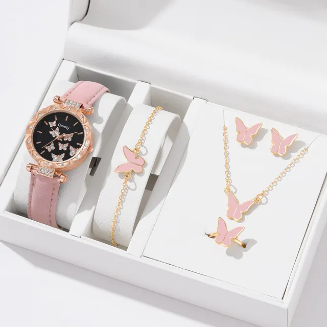 6pcs Luxury Watch Women Ring Necklace Earrings Bracelet Set Watches Butterfly Leather Strap Ladies Quartz WristWatch No Box 6