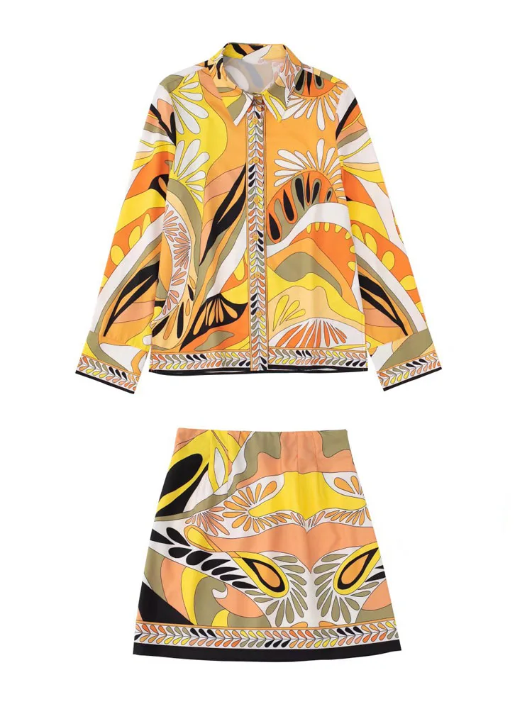 

2022 Summer Women 2 piece sets Suits Fashion Print Shirts Tops and Mini Skirts Female Street Vacation Suit Clothing
