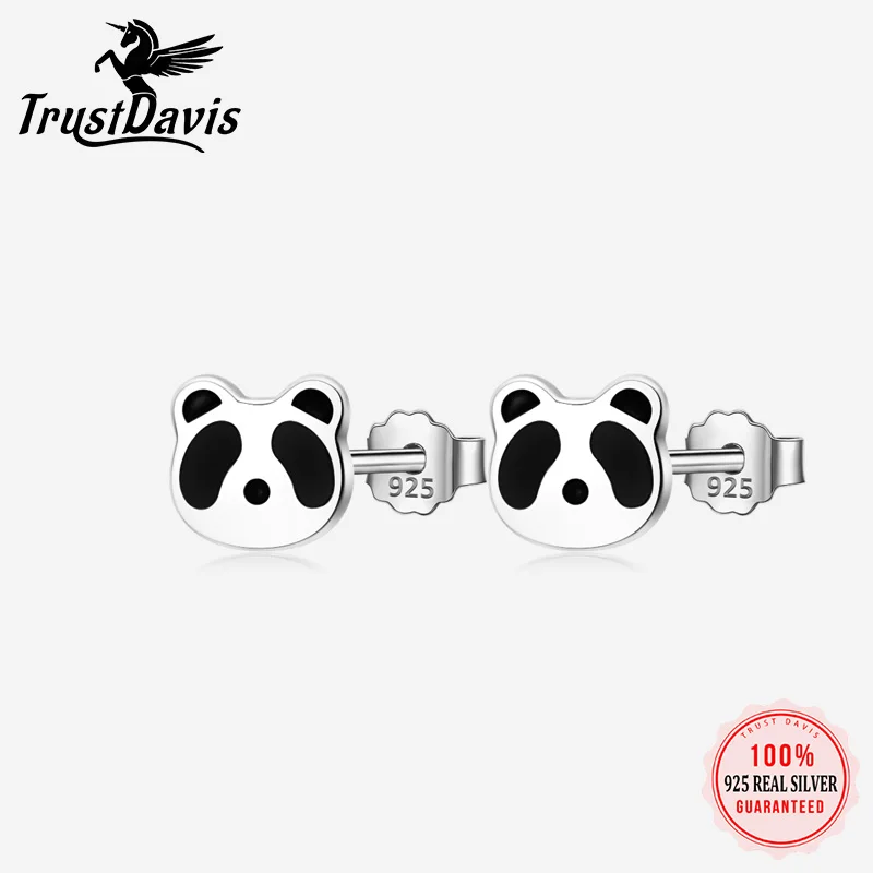 

TrustDavis Real 925 Sterling Silver Sweet Cute Minimalist Animal Panda Stud Earrings For Women Wedding Party Fine Jewelry DS947