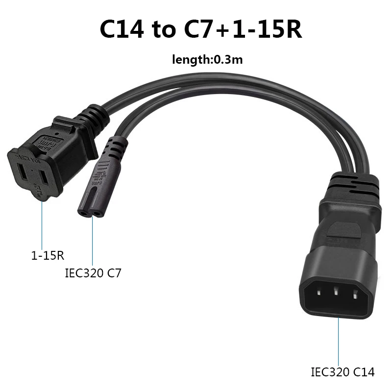 Y-образный сплиттер, Электрический Удлинительный кабель IEC 320 C14 к C7 1-15R, американский короткий шнур питания 0,3 м для компьютера, хоста, сервера PDU