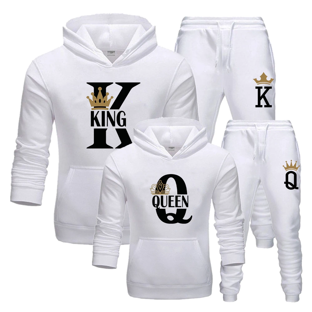 Lovers Couple KING QUEEN Print Hoodie Suits 2 Piece Hoodie and Pants Men Women Hoodie Set Tops Classic Fashion Sportwear Outfit images - 6