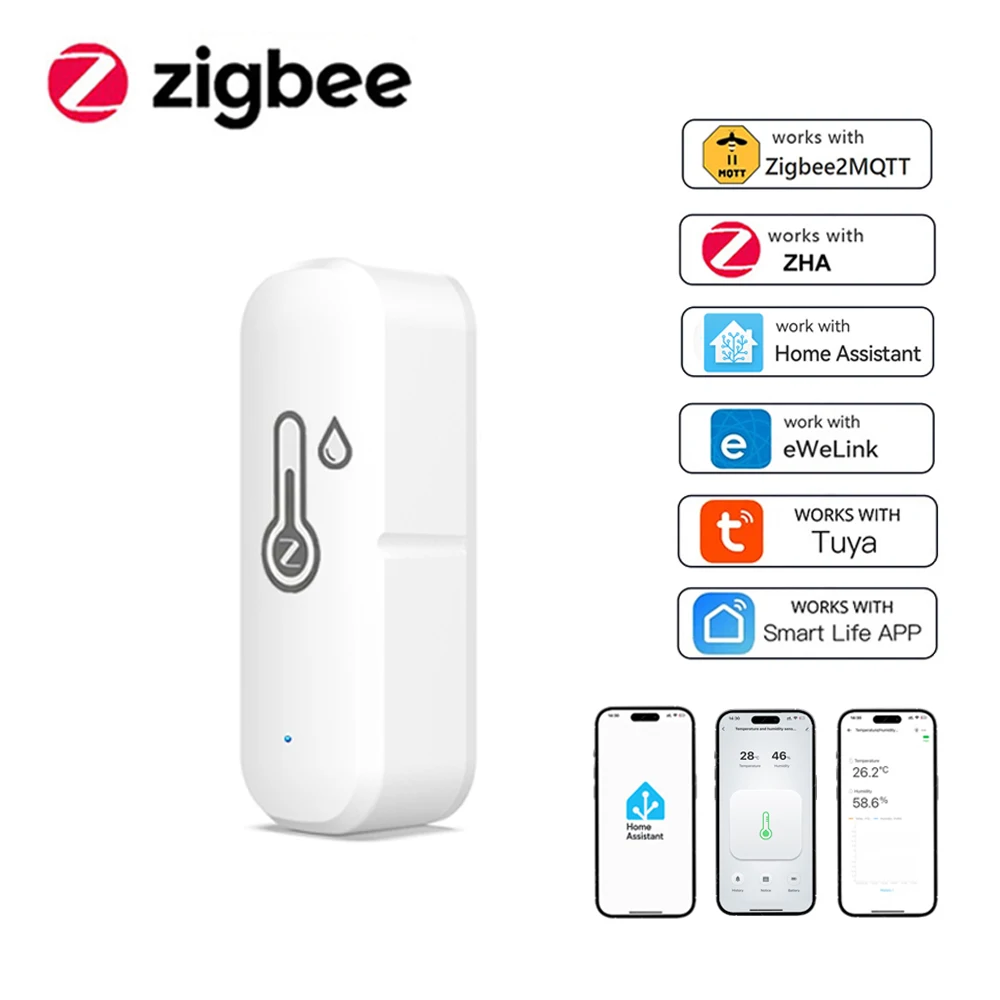 

Датчик температуры и влажности Zigbee, приложение, удаленный монитор, термометр для умного дома для приложения Tuya, приложение Ewelink, домашний помощник Zigbee2MQTT