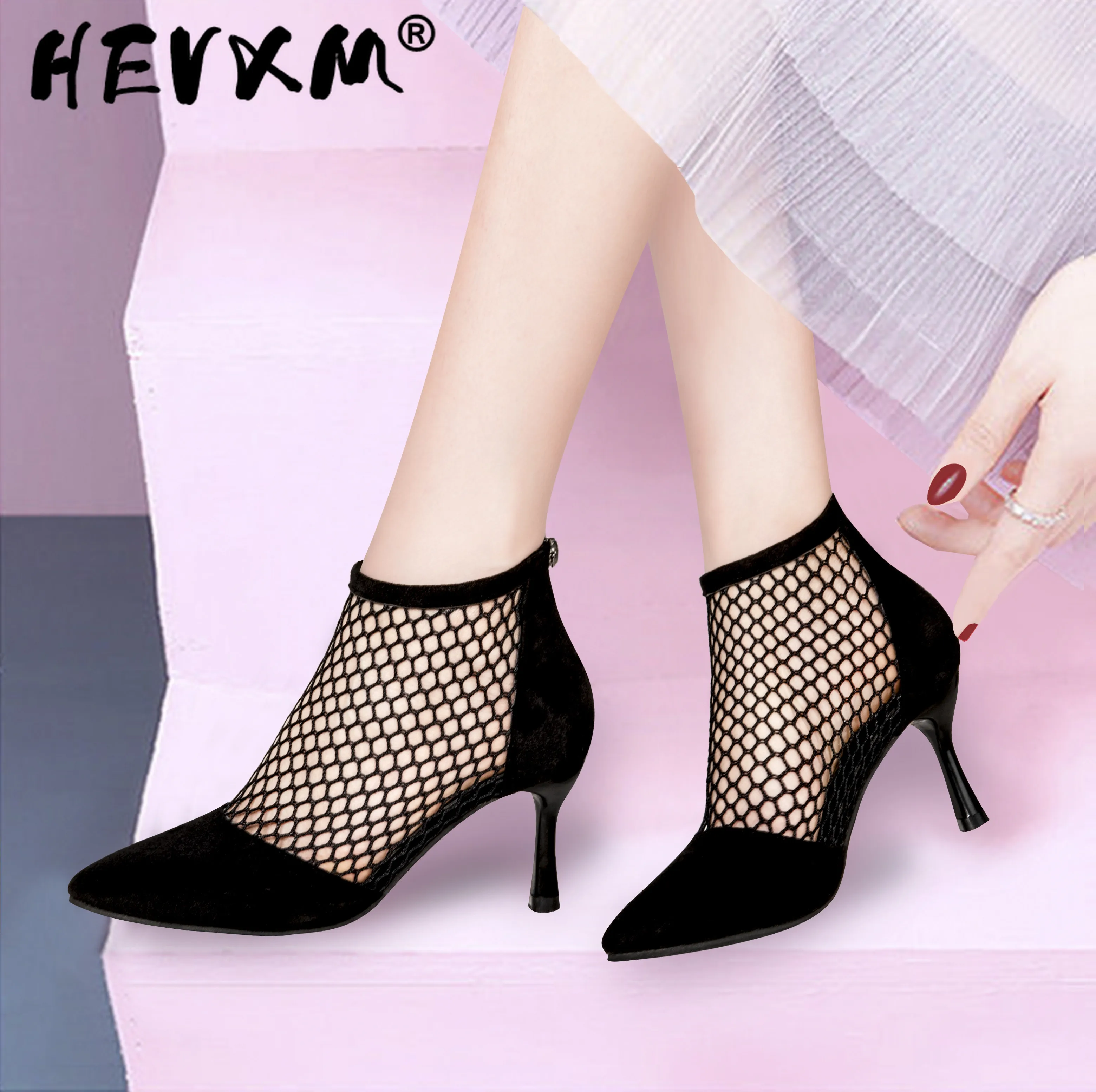 

2023 Summer Women High Heels Sexy Fishnet Ankle Heels Suede Heels Pointed Toe Thin Heels Sandals Women Casual Shoes