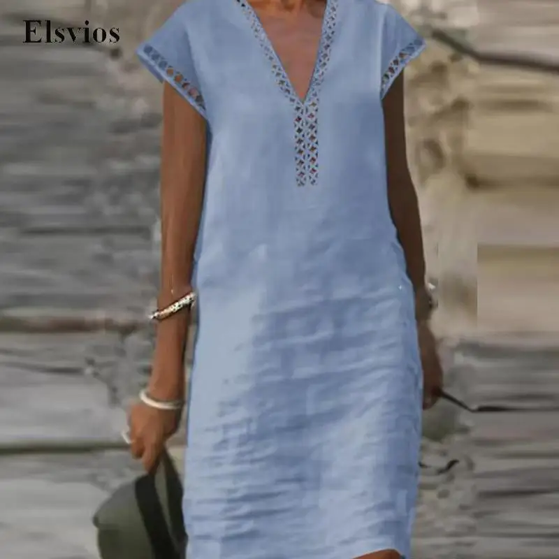 

Женское винтажное свободное платье-пуловер из хлопка и льна, сексуальное мини-платье с V-образным вырезом и вырезами, женское повседневное м...