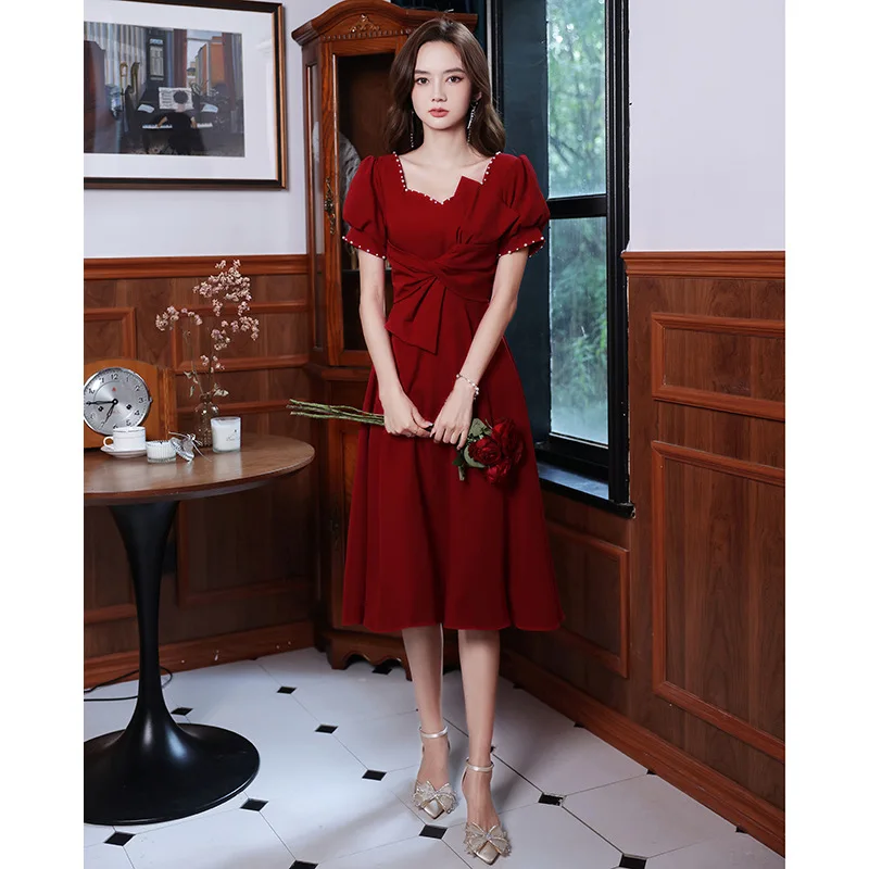 Chinese Sexy Bow Beaded Square Collar Puff Sleeve Back Zipper A-Line Evening Dress Women Formal Gowns Robe De Soiree Cheongsam